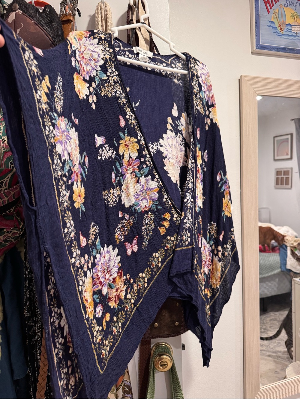 Nine West Navy Floral Overlay Top